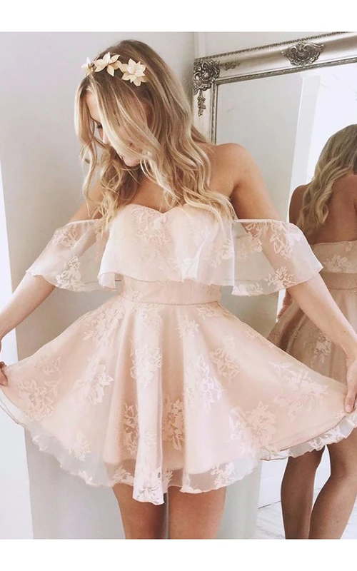 Vestido corto de fiesta de graduación, sin mangas, de encaje, con escote Bardot y espalda descubierta, corte en A.
