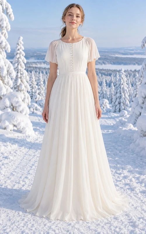 Vestido de novia sencillo y discreto de gasa, corte en A, escote redondo y mangas cortas transparentes.
