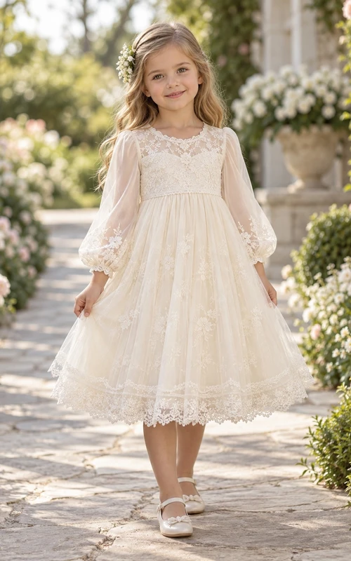 Tea-length Long Sleeve Cream Floral Scalloped Scoop Illusion Bishop Cuff Gathered Lace Border Flowergirl Dress