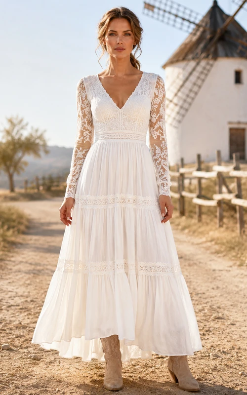 Weißes, knöchellanges, gestuftes Boho-Gartenkleid mit V-Ausschnitt, Illusion-Spitze und langen Ärmeln