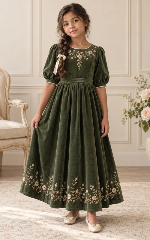 Vestido de niña de flores modesto, de corte A, de terciopelo verde oscuro con estampado floral, mangas abullonadas y largo hasta los tobillos.