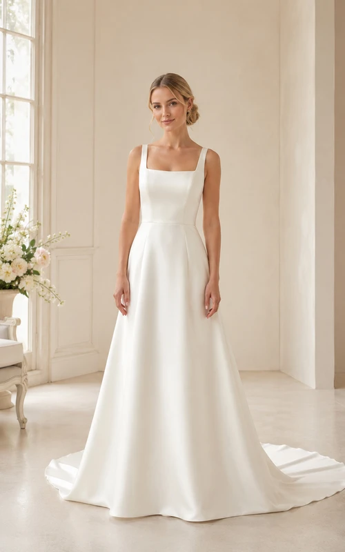 Robe de mariée minimaliste en satin, coupe trapèze, col carré, sans manches, traîne.
