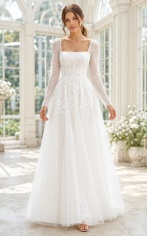 Modest Long Sleeve Square Neck Lace Tulle A-Line Floor-Length Wedding Dress