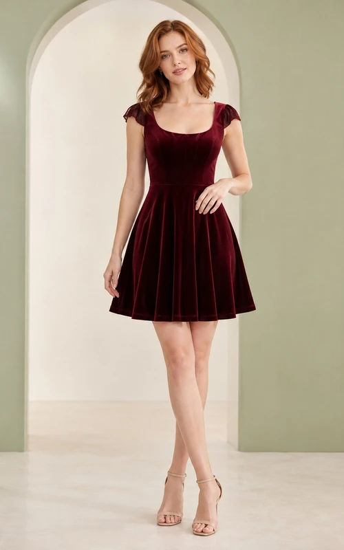 Elegantes burgunderrotes Mini-Cocktailkleid aus Samt mit Rundhalsausschnitt, kurzen Ärmeln und A-Linien-Schnitt für den Homecoming-Ball