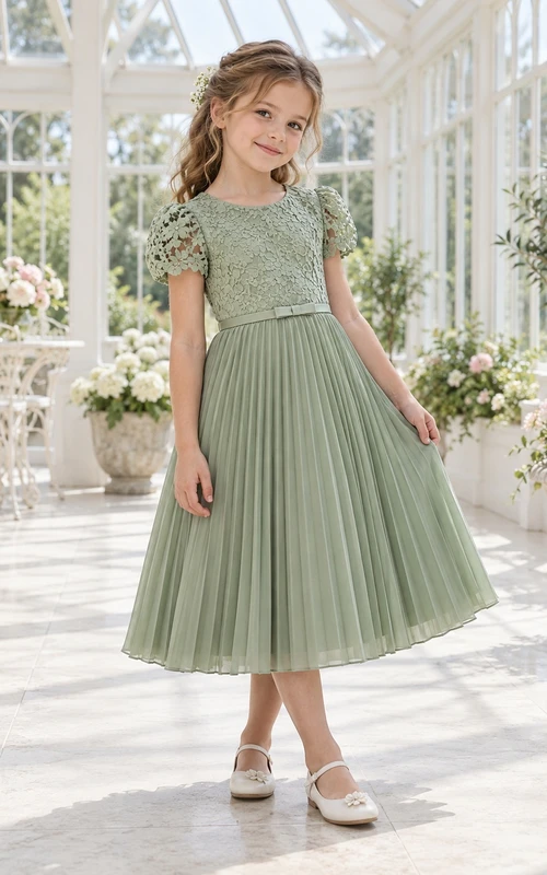 Vestido de niña de flores modesto, de corte A, de gasa, con mangas cortas, estampado floral verde salvia y pliegues.