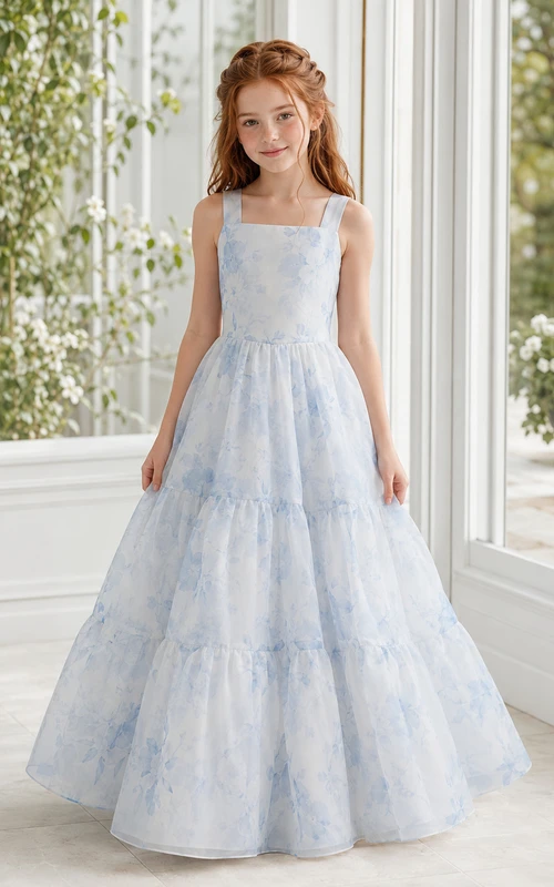 Vestido de niña de flores con volantes y estampado acuarela, de organza, corte en A, sin mangas, escote cuadrado, largo hasta el suelo, falda escalonada con detalle de volantes.