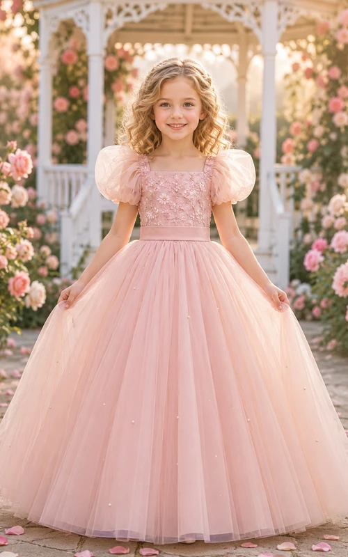 Blumenmädchenkleid aus rosafarbenem Tüll, A-Linie, Rundhalsausschnitt, bodenlang, plissiert