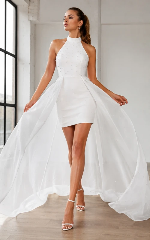 Vestido de recepción de boda moderno corto de gasa con escote halter y cola asimétrica desmontable