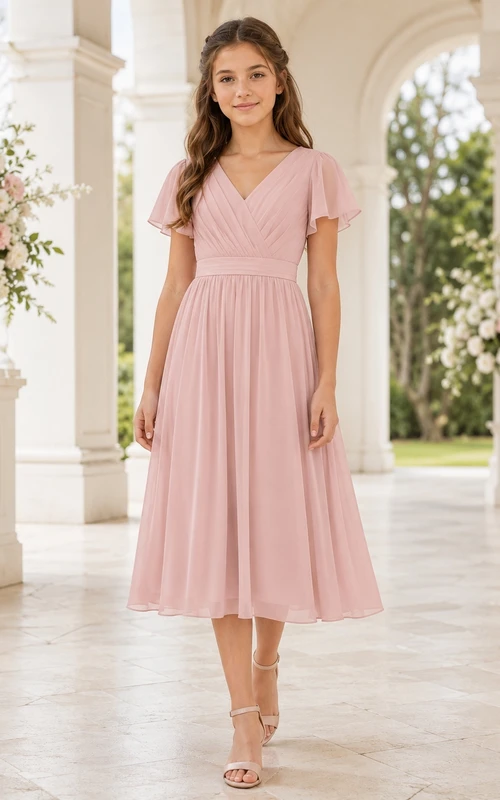 Zartrosa Brautjungfernkleid für junge Damen, A-Linie, V-Ausschnitt, kurze Ärmel, plissiert