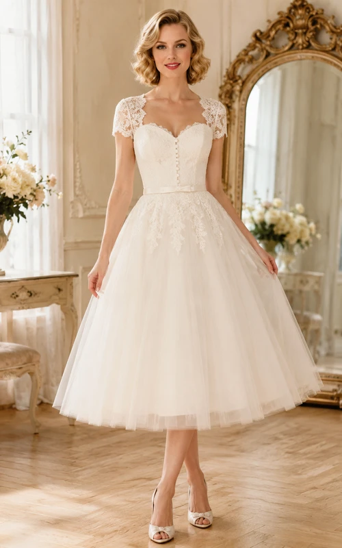 Retro Tea-Length Sweetheart Cap Sleeve Tulle Garden Vintage Wedding Dress