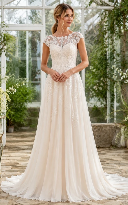 Bohemian V-Neck Short Sleeve Lace A-Line Chapel Train Bridal Gown