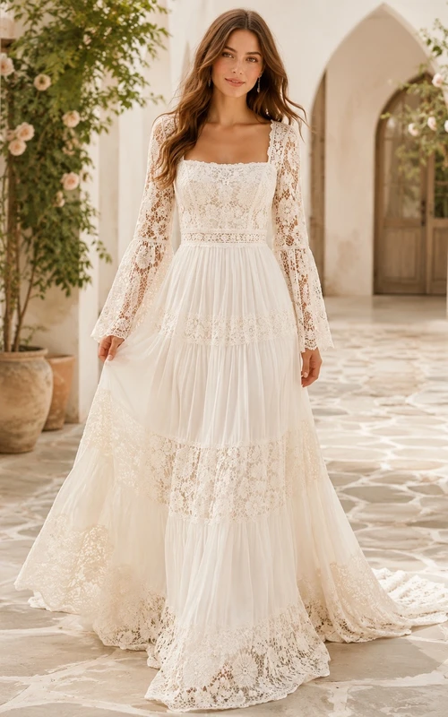Vestido de novia vintage romántico de manga larga, escote cuadrado, corte en A, encaje y volantes, color marfil.