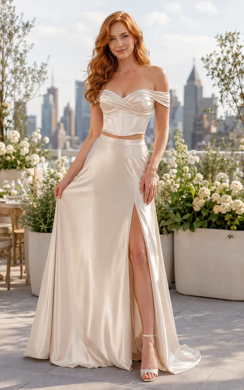 Off Shoulder Corset Satin Slit Skirt Rooftop Bridal Set
