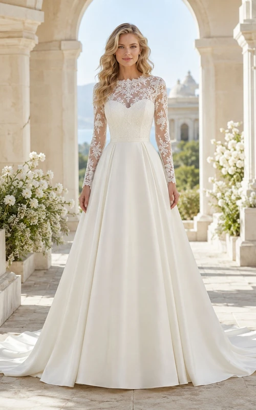 Elegantes Brautkleid mit langen Ärmeln, Spitzenbesatz, Muschelkanten, A-Linien-Schleppe und Kapellenschleppe