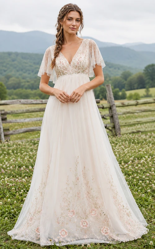 Robe de mariée champêtre trapèze à manches papillon et broderies florales