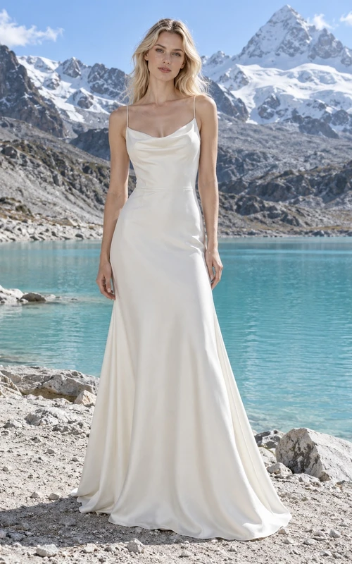 Vestido de novia sencillo de satén con escote drapeado y tirantes finos, corte en A