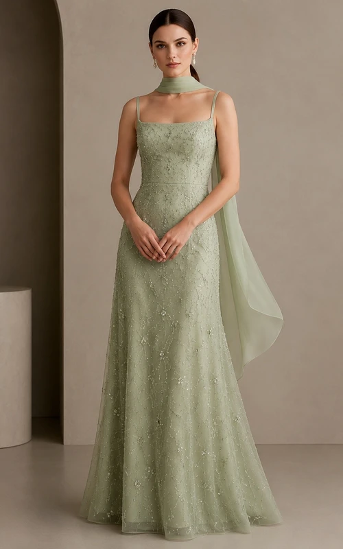 Sage Green Square Neck Lace A-Line Sweep Train Formal Dress
