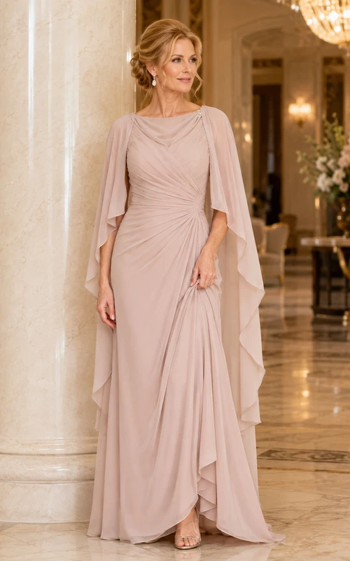 Blush Elegant Bateau Chiffon Sheath Floor-Length Mother of the Bride Gown with Layered Long Cape and Side Draping