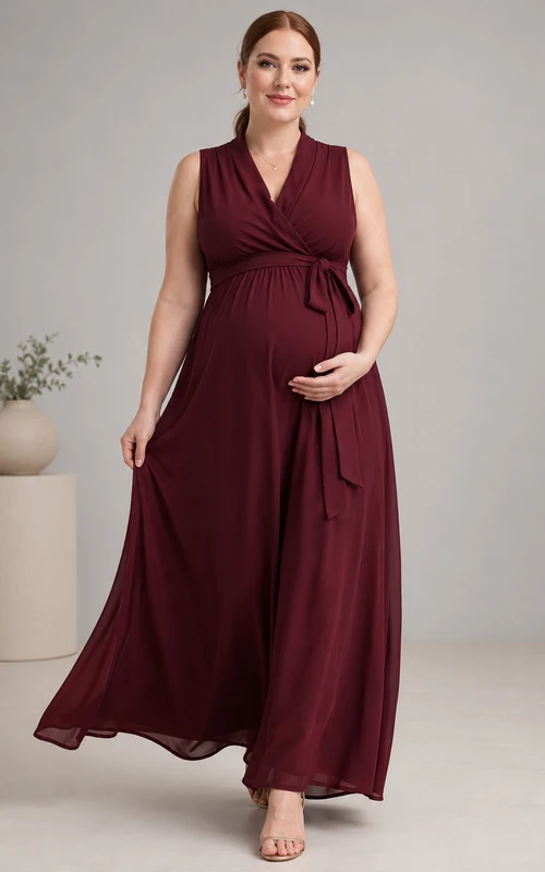 Burgunderfarbenes ärmelloses Wickelkleid in Übergröße für Umstandsmode (Maxi)