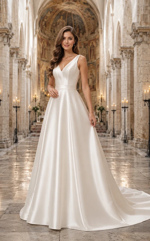 V Neck Satin A Line Chapel Train Classic Wedding Dress