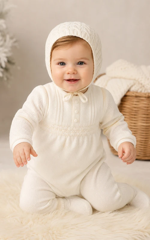 Elfenbeinfarbener, langärmeliger Baby-Taufoverall mit Zopfmuster, Haube und Abnähern