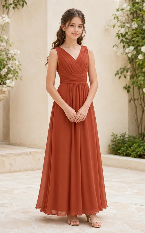 Elegante vestido de dama de honor juvenil sin mangas, de gasa color bermellón, con escote en V y corte en A, largo hasta el suelo.