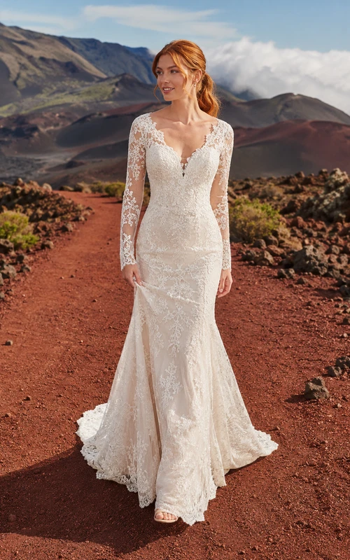 Robe de mariée sirène en dentelle à manches longues et col en V, traîne balayée, entièrement en dentelle.