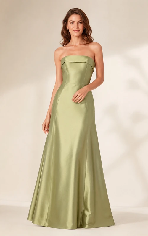 Sage strapless satin floor length A-line bridesmaid dress