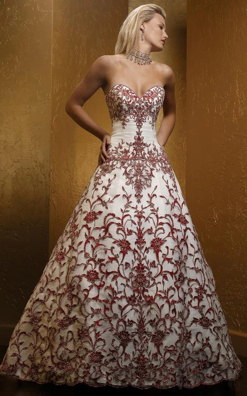 A-Linien-Brautkleid mit Stickerei, Herzausschnitt, bodenlang, ärmellos, mit Raffungen und Perlenverzierungen