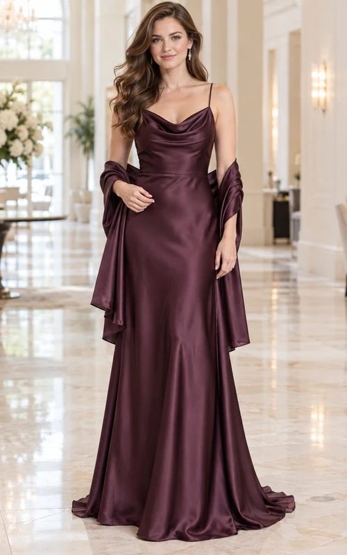 Vestido de dama de honor de corte A con escote drapeado y tirantes finos de satén Mulberry