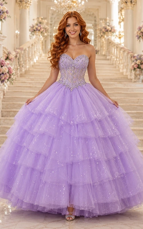 Robe de bal longue à volants en tulle lavande, bustier cœur, pour une fête de 16 ans.