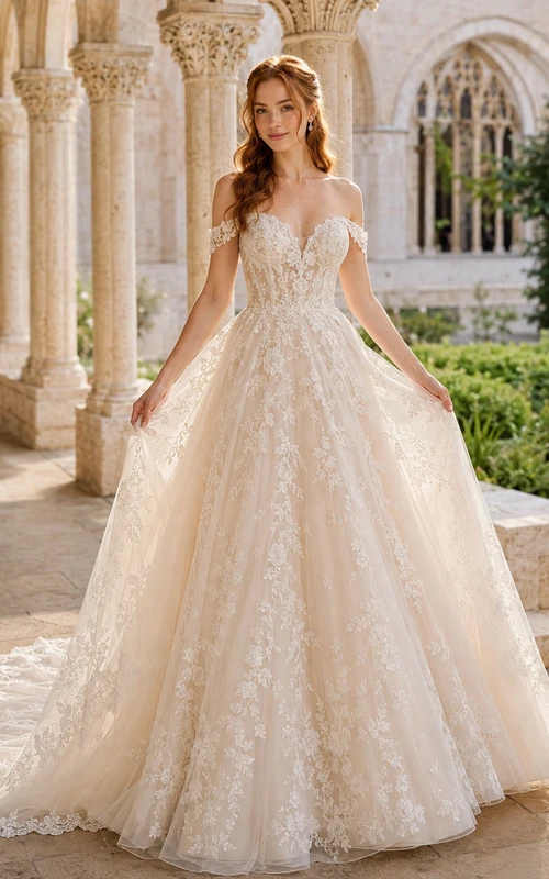 Off Shoulder Lace Ball Gown Chapel Bridal Dress