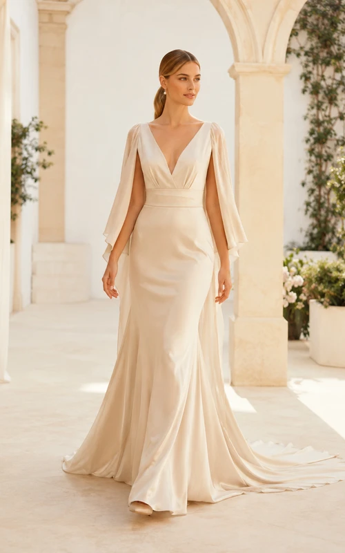 Robe de mariée élégante en satin, décolleté en V profond, manches cape, coupe fourreau, longueur au sol