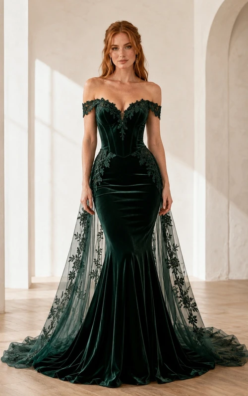Vestido de novia de lujo estilo sirena, de terciopelo verde oscuro, largo hasta el suelo y con hombros descubiertos.