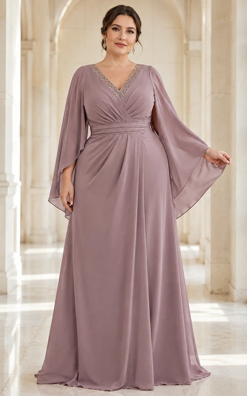 Vestido largo de gasa fruncida con escote en V, mangas acampanadas y corte en A, color malva maduro.