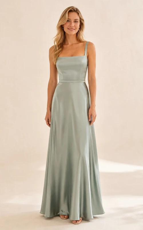 Sage Square Neck Spaghetti Satin A-Line Floor-Length Bridesmaid Evening Dress