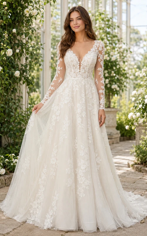 Robe de mariée romantique à décolleté plongeant en V, manches longues en dentelle et coupe trapèze avec traîne chapelle