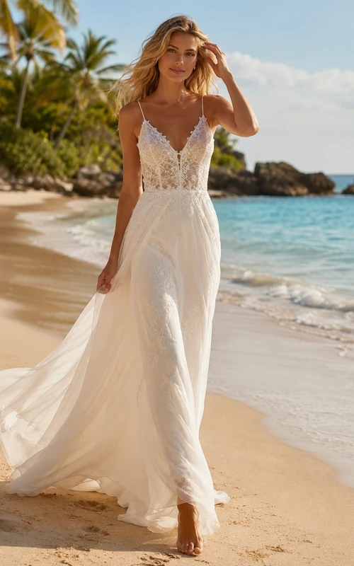 Robe de mariée trapèze en mousseline de soie à fines bretelles spaghetti et décolleté en V plongeant, idéale pour une escapade à la plage.