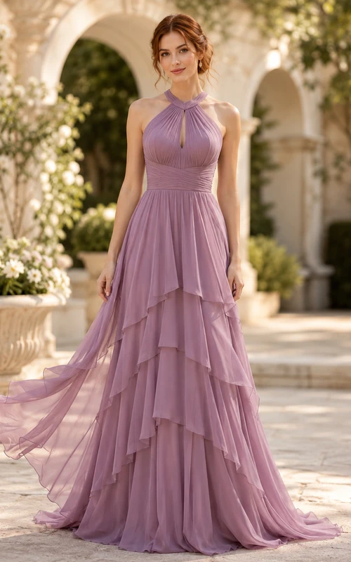 Vestido formal de gasa color malva con volantes escalonados