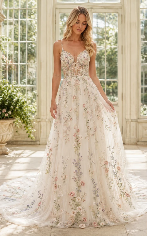 Mehrfarbiges, V-Ausschnitt-Trägerkleid mit floralen Applikationen aus Tüll in A-Linie, romantischer Abendrock