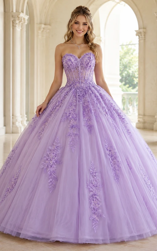 Lilac Luxury Strapless Sweetheart Lace Applique Tulle Quinceanera Princess Ball Gown