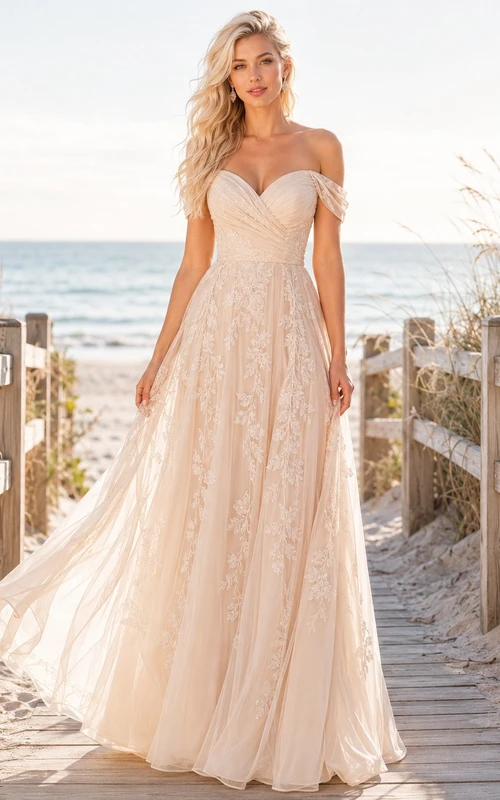 Vestido de novia romántico de corte A con encaje y tul, escote corazón.