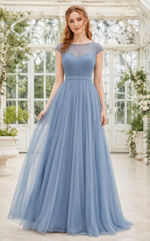 Steel Blue Cap Sleeve Tulle A-Line Dress