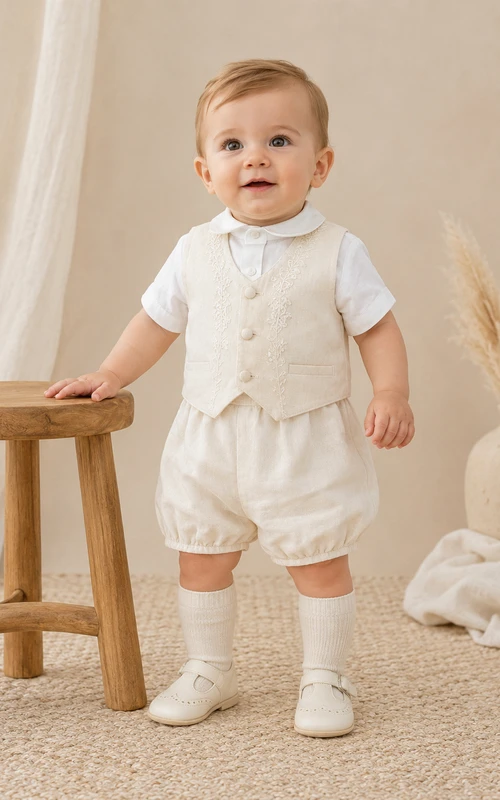 Ivory Button Vest Peter Collar Bubble Christening Short Set for Baby Boy