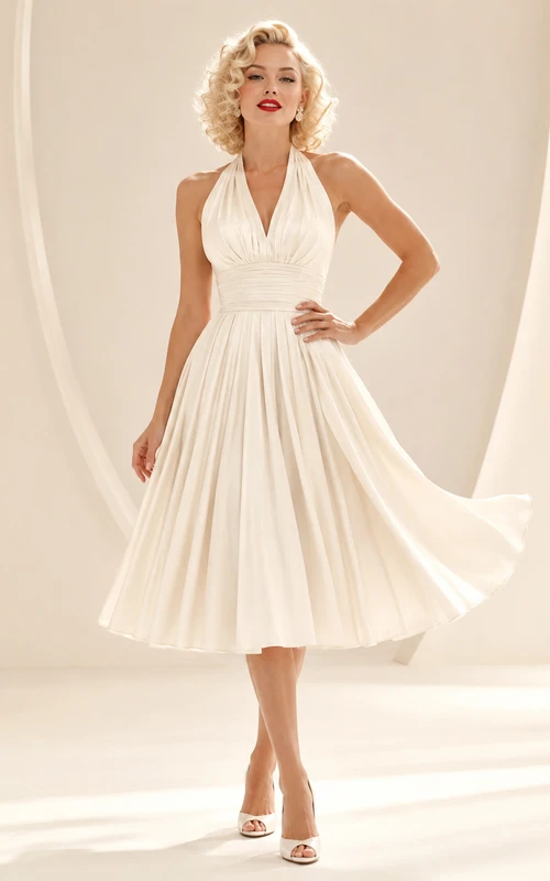 Vintage Neckholder-Kleid aus Chiffon mit V-Ausschnitt, Falten und offenem Rücken – perfekt für eine Teehochzeit am Hof.