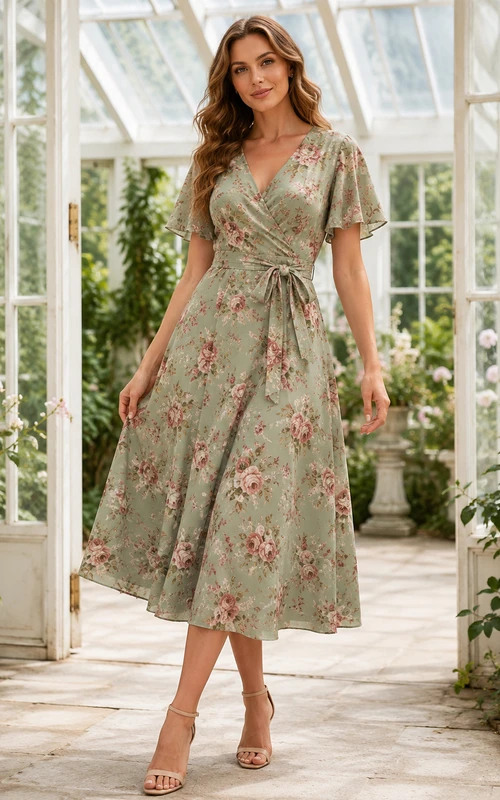 Vestido cruzado con escote en V y estampado de rosas color salvia, largo hasta la rodilla.