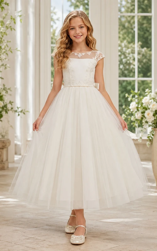 Tüllkleid mit kurzen Ärmeln, Teelänge und A-Linien-Schnitt, perfekt für Blumenmädchen bei Gartenhochzeiten, mit Schleife