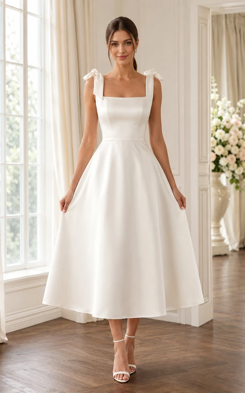Modern Square Neck Satin Bridal Shower A Line Tea Length Bow Straps