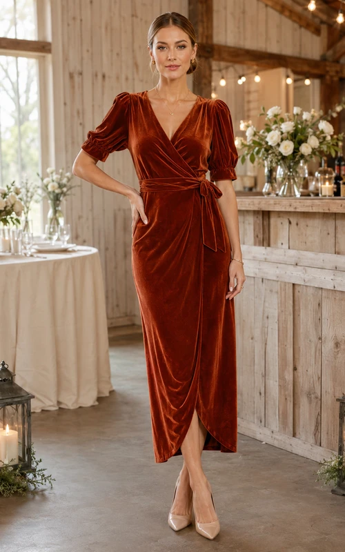 Orange V-Neck Puff Sleeve Ruched Velvet Sheath Midi Wedding Guest Dress