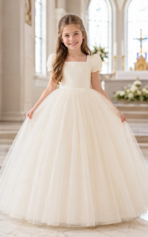 Classic Tulle with Bow A-Line Flower Girl Dress with Short Sleeves, Jewel Neck, Tea-Length Skirt and Bow Detail